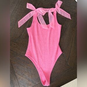 Day + Moon Pink Tie Shoulder Bodysuit Small Ribbed Coquette Balletcore